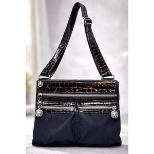 Brighton Go-Go Black Nylon Brown Croc Leather Crossbody Bag Adjustable Strap